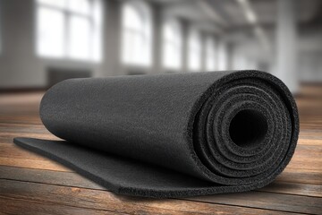 Rolled yoga mat on a wooden floor in a modern gym