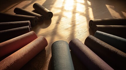 Rolled yoga mats in various colors arranged on a wooden floor, sunlight