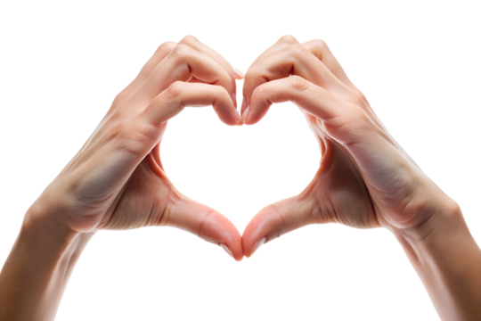 Two hands form a perfect heart shape, symbolizing love and care on white isolated on transparent background