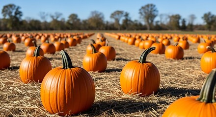 A vibrant pumpkin patch under a clear blue sky with rows of pumpkins on straw