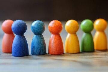 Colorful wooden figures representing diversity in team dynamics indoor setting creative photography
