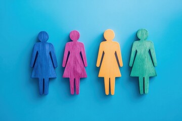 Empowering diversity colorful wooden figures representing women blue background graphic design minimalist view
