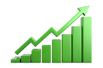 A green arrow trending upwards over a bar chart, isolated on a transparent background