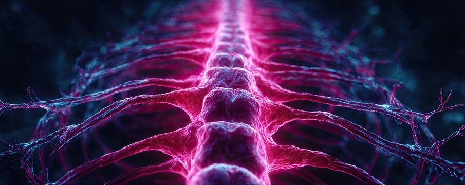 Pinched nerve and sciatic pain concept. Abstract visualization of neural connections in vibrant colors.