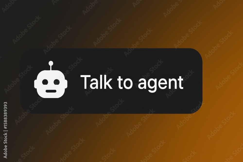 Poster talk to agent button with robot icon customer support service, brown gradient backdrop