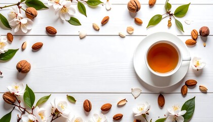 White wooden table, spring blossoms, tea, and nuts
