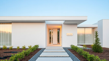 A modern luxury house exterior photographed during golden hour .