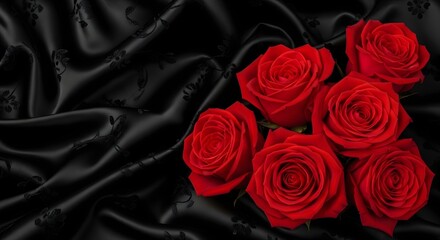 Arrangement of red roses on a black satin fabric backdrop