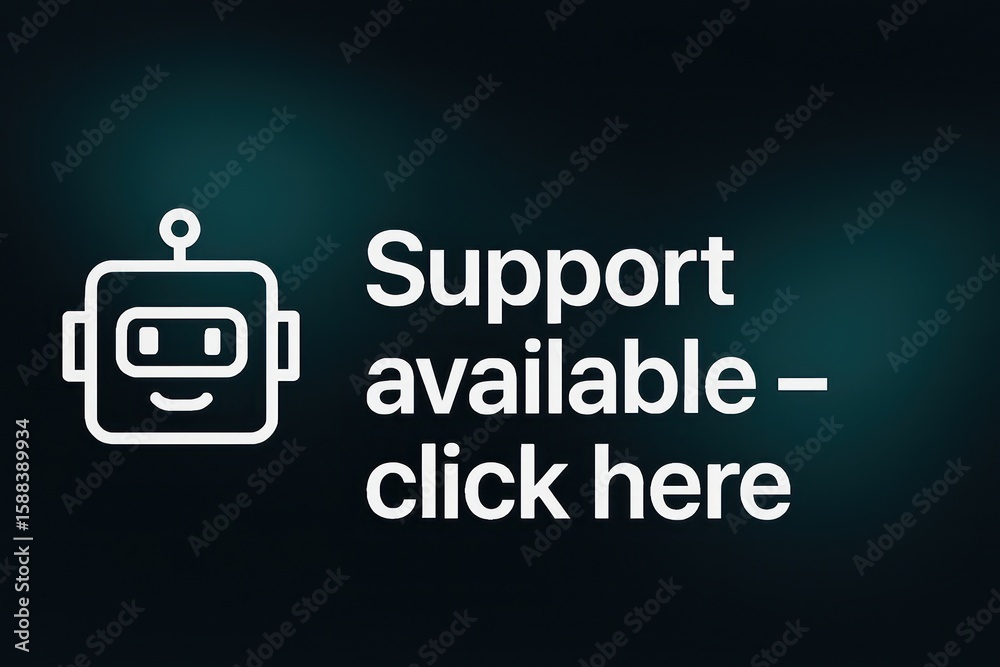 Poster support available click here button with chatbot icon. customer support service, dark gradient backg