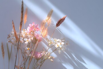 Pastel flowers casting shadows on blue background in soft sunlight

