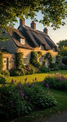 Charming Stone Cottage with Thatched Roof Surrounded by Colorful Garden in Sunny Park