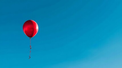 Fototapeta premium Lonely red balloon floating high in a clear blue sky, conveying themes of solitude, childhood dreams, and freedom in a clean minimalist outdoor scene.