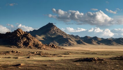 Wide open steppe landscape with rocky mountains under clear blue sky