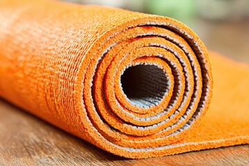 Rolled orange yoga mat on wooden surface. Close-up view