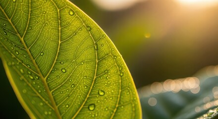 Dew Drops on Green Leaf Veins in Sunlight