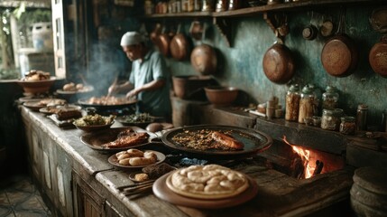 Traditional Balinese Kitchen Scene with Chef Preparing Authentic Cuisine