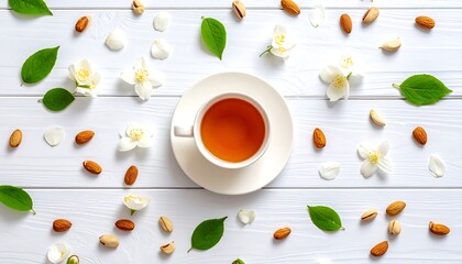 Aromatic teacup surrounded by jasmine flowers and nuts on a white wooden surface