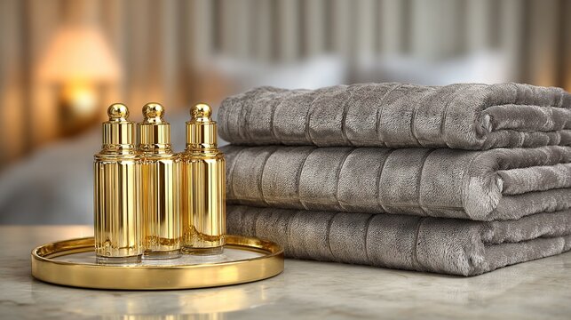 Luxurious golden skincare bottles on round tray beside neatly folded plush gray towels, set in a softly lit hotel spa or upscale bathroom scene