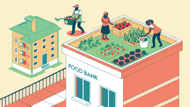 Illustration of a food bank with a rooftop garden and people harvesting vegetables on the roof top