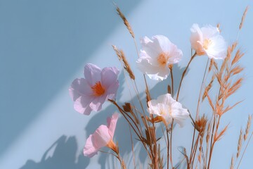 Pastel flowers casting shadows on blue background in soft sunlight

