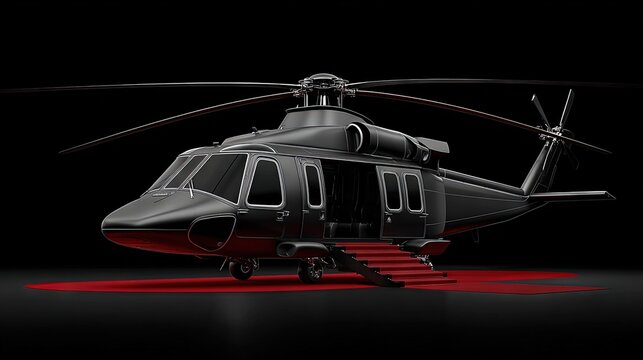Sleek black luxury helicopter with red carpet and illuminated steps under dramatic lighting, symbolizing elite arrival and exclusive air travel - Powered by Adobe