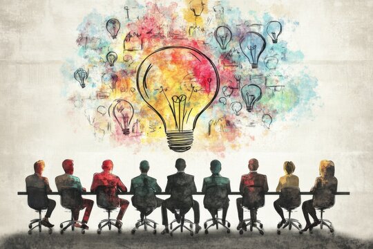 Collaborative brainstorming session office digital art creative space side view idea generation