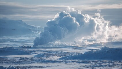 Snow-covered volcano erupting with smoke under dramatic winter sky


