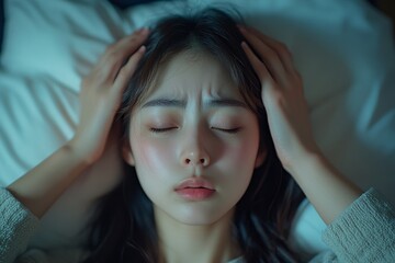 Sick day at home with an Asian woman suffering from a headache,  down in bed to rest and recover, Generative AI