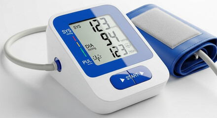 Digital blood pressure monitor with cuff displaying readings and pulse rate