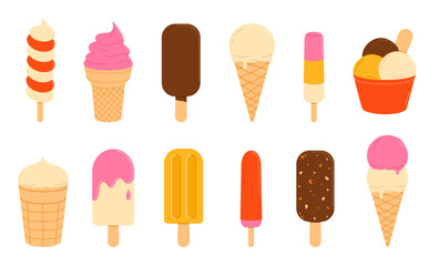 Ice cream set. Popsicles and cones. Flat isolated vector illustration