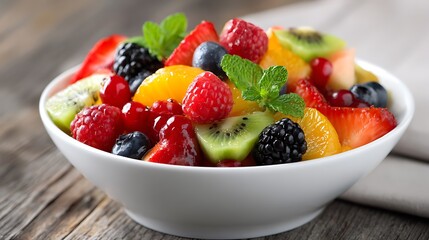 Colorful mix of freshly cut tropical fruits served in white ceramic bowl, expressing clean eating, vitamin-rich diet, and organic summer refreshment lifestyle.