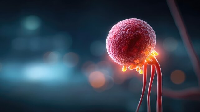 UTI symptoms and bladder scan concept. A close-up view of a glowing cell highlighting intricate details.