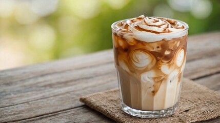 Iced Coffee with Cream Swirl on Wooden Table