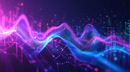 Abstract futuristic background with a glowing digital wave and bar graph. Data science or technology. Business stock world economy. Abstract digital financial graph. Futuristic technology