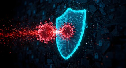 A digital rendering of a virus particle impacting a protective shield, symbolizing defense against infection and cybersecurity.