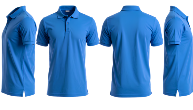  Realistic Blue Polo Shirt Mockup Set – Complete 360° View Rotation on Transparent Background PNG