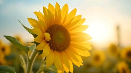 Obraz premium The image shows a close-up of a sunflower in a field with other sunflowers in the background.