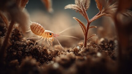 Detailed image of a Collembola exploring the soil, undergrowth in macro vision