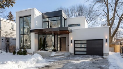 Modern luxury house exterior with large windows and flat roof design

