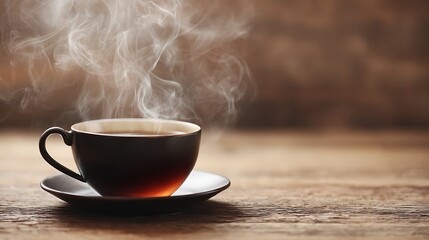 Hot black tea with rising steam served in a ceramic cup on wooden surface, depicting peaceful morning routine, relaxation, and warmth in natural rustic setting.