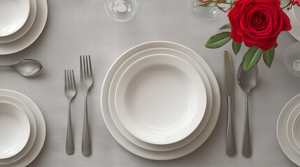 Elegant dining table setting with white plates and red rose  