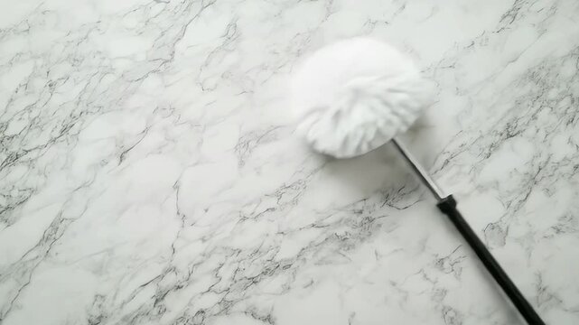 A minimalist duster on a marble surface, emphasizing cleanliness.
