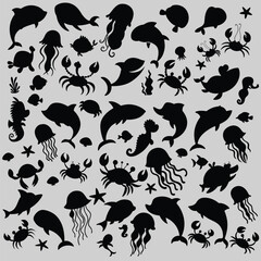 sea creatures vector design featuring diverse sea creatures including fish, starfish, and sea turtles,octopuses,shells,dolphins, crabs, and coral.