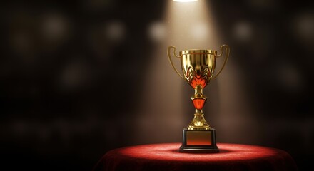 Golden Trophy on Red Podium with Glowing Lights &ndash; Cinematic Award Ceremony in 8K