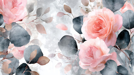 Watercolor roses with green leaves on soft grey background  