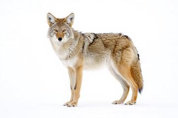 Obraz premium Photo of a watchful coyote stands alert in the snow, isolated on a white background