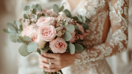 Bride holding pink rose bouquet with greenery in elegant gown  