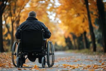 Autumn reflection man in wheelchair scenic park nature photography peaceful environment rear view