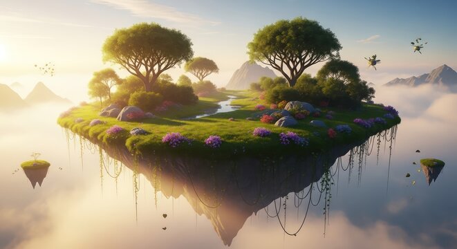 A fantastical floating island paradise with lush greenery, trees, and ethereal clouds.