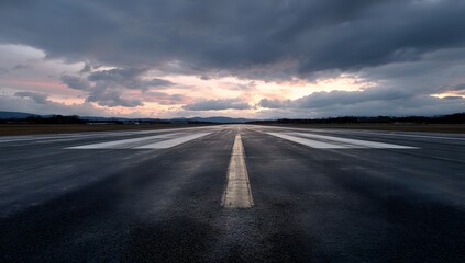 Airport runway at dusk with lights leading into the horizon